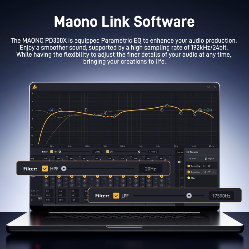 Maono ميكروفون ديناميكي MAONO - XLR USB لتسجيل البودكاست: لتسجيل الصوت، إنشاء المحتوى، الاستوديو المنزلي، التعليق الصوتي، مع 192kHz/24bit، تقليل الضوضاء، زيادة الميكروفون، المراقبة، كتم الصوت (PD300X) - Image 4