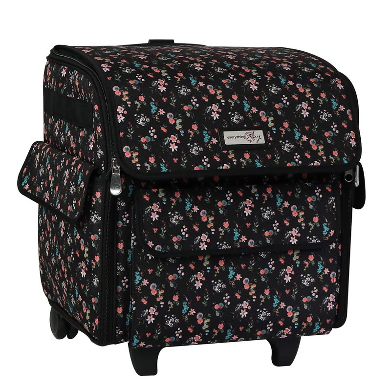 Everything Mary Rolling Serger Machine Tote Black Floral Carrying Case for Overlock Machines Compatible with Brother Singer Juki Sewing Thread Supplies Organizer