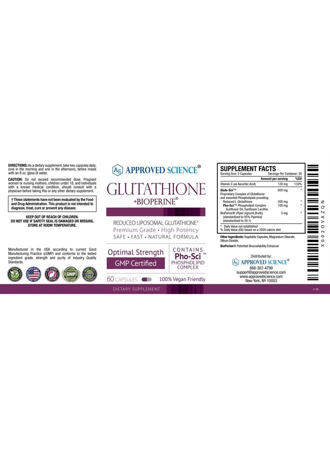 Approved Science ® جلوثاثيون - جلوثاثيون 500 ملغ - مركب الفوسفوليبيد، فيتامين C، بيوبيرين - أفضل مضاد أكسدة للمساعدة في تحييد الجذور الحرة - مناسب للنباتيين - 60 كبسولة لكل زجاجة - 6 زجاجات