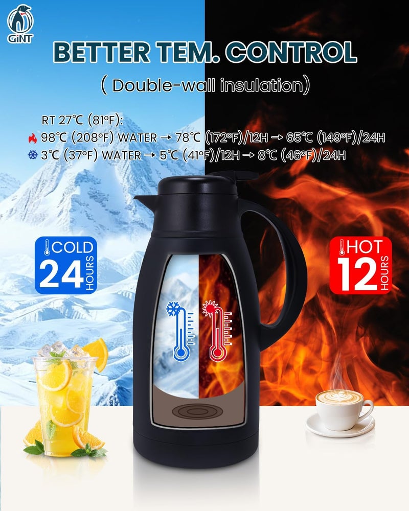 GiNT Stainless Steel Thermal Coffee Carafe, Double Walled Vacuum Water and Beverage Dispenser, 12 Hour Heat Retention, 65 OZ /1.9 Liter Black - Image 4