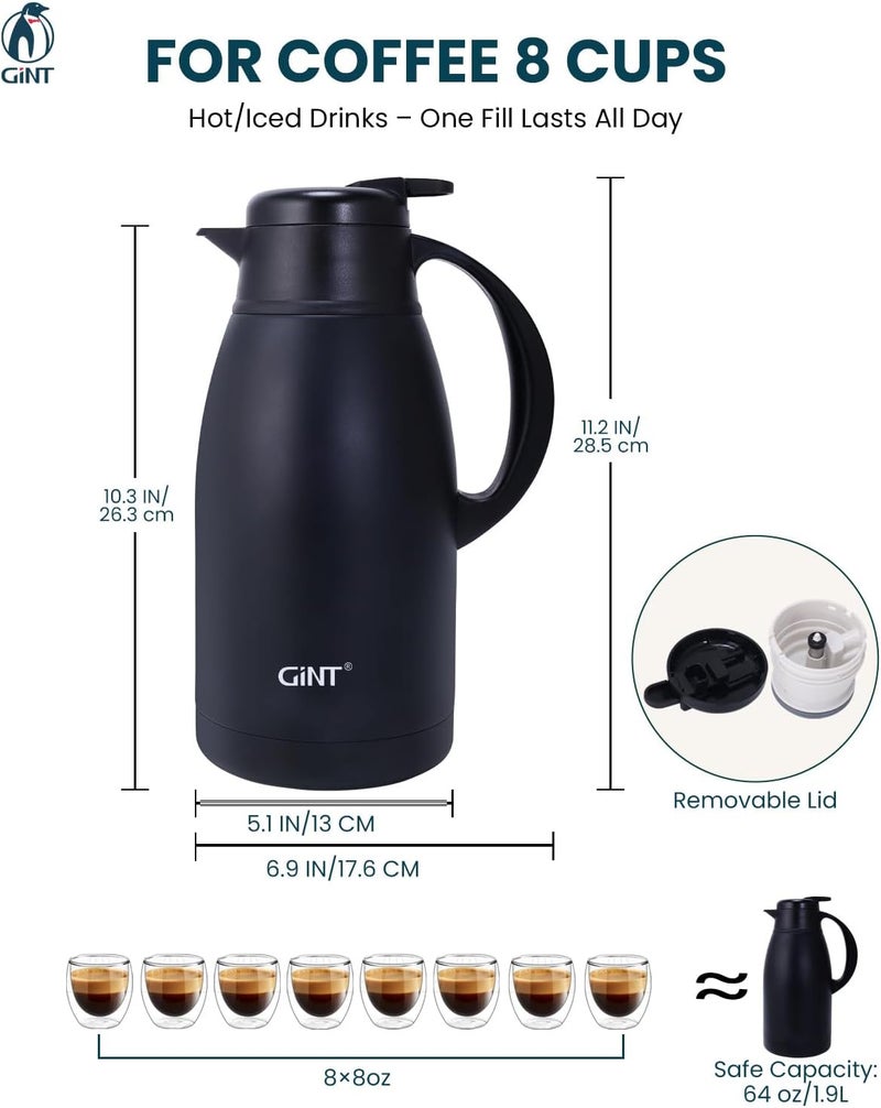 GiNT Stainless Steel Thermal Coffee Carafe, Double Walled Vacuum Water and Beverage Dispenser, 12 Hour Heat Retention, 65 OZ /1.9 Liter Black - Image 3
