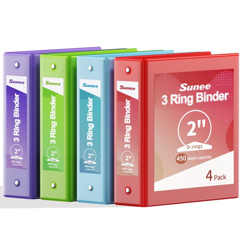 SUNEE Binders 2 Inch 3 Ring 4 Pack, 2" Classic 4-Color Binder Set (8.5x11 Inches) for Office, School or Home Supplies - Image 1