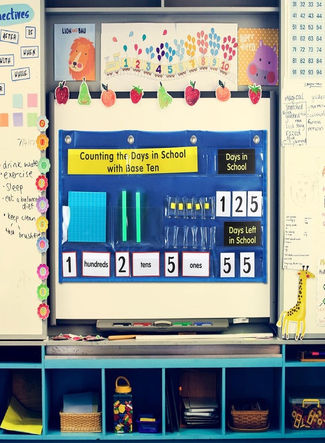 Resurhang Back to School Counting The Days with Base Ten Pocket Chart Place Value, Counting Caddie Pocket Chart for Classroom Bulletin Board School or Home Decor, 4 Hooks(Blue,Classic Style) - Image 5
