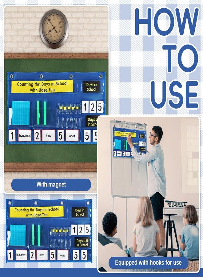Resurhang Back to School Counting The Days with Base Ten Pocket Chart Place Value, Counting Caddie Pocket Chart for Classroom Bulletin Board School or Home Decor, 4 Hooks(Blue,Classic Style) - Image 4