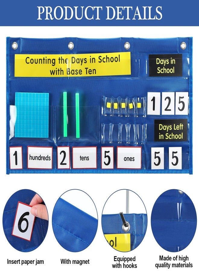 Resurhang Back to School Counting The Days with Base Ten Pocket Chart Place Value, Counting Caddie Pocket Chart for Classroom Bulletin Board School or Home Decor, 4 Hooks(Blue,Classic Style) - Image 3