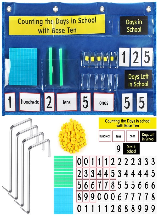Resurhang Back to School Counting The Days with Base Ten Pocket Chart Place Value, Counting Caddie Pocket Chart for Classroom Bulletin Board School or Home Decor, 4 Hooks(Blue,Classic Style) - Image 1