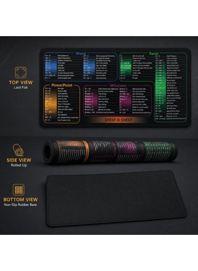 Premium Large Desk Mat with Office Software Shortcuts, Extended Keyboard & Mouse Pad with Non-Slip Rubber Base, Anti-Fray Stitched Edges - Black 800x300x3mm - Image 4
