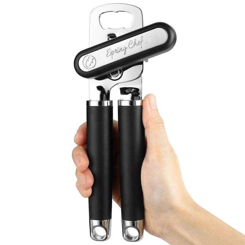 Spring Chef Stainless Steel Can Opener Manual with Soft Grip Handles Easy Turn Heavy Duty Hand Can Openers for Seniors with Smooth Edge Magnetic Lid Remover Black