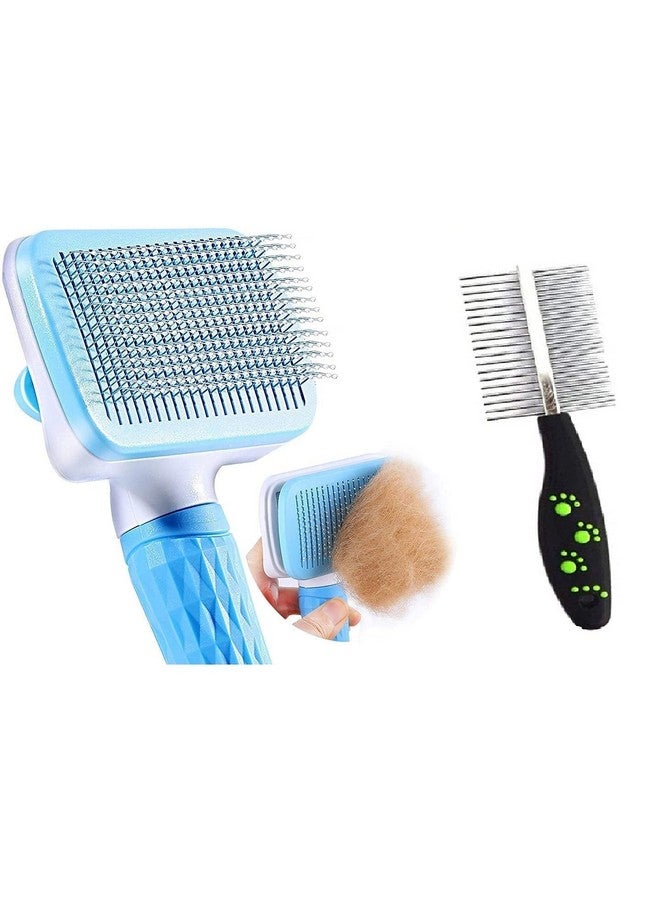مجموعة من فرشاة العناية بالحيوانات الأليفة Slicker مع مشط البراغيث للكلاب والقطط، ومشط العناية بالحيوانات الأليفة ذو الوجهين والتنظيف الذاتي - Image 1