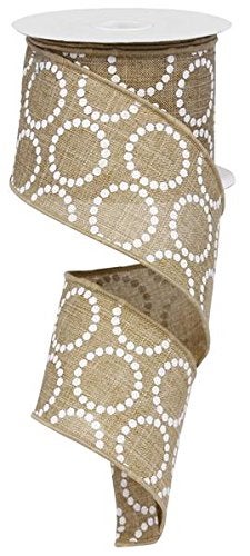 Pearl Beads Burlap Canvas Wired Ribbon Beige White Tan  25 Inches x 10 Yards