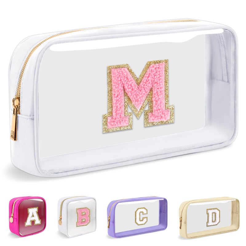 Iqimott Small Clear Personalized Initial Makeup Bag Nylon Preppy A-Z Chenille Letter Patch Cosmetic Pouch Beach Toiletry Bag Waterproof Zipper Travel Purse Storage Bag Organizer For Women Girls(White-Pink M) - Image 1