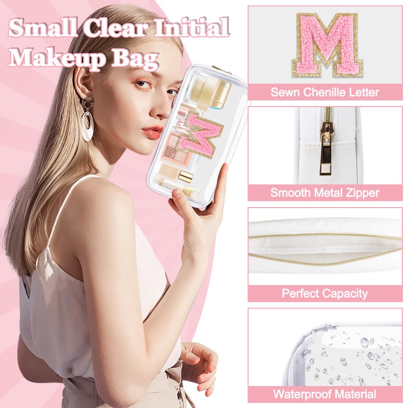 Iqimott Small Clear Personalized Initial Makeup Bag Nylon Preppy A-Z Chenille Letter Patch Cosmetic Pouch Beach Toiletry Bag Waterproof Zipper Travel Purse Storage Bag Organizer For Women Girls(White-Pink M) - Image 3