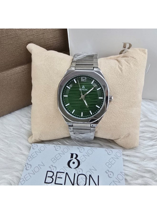 BENON men's watch featuring a dark blue dial and a silver stainless steel bracelet