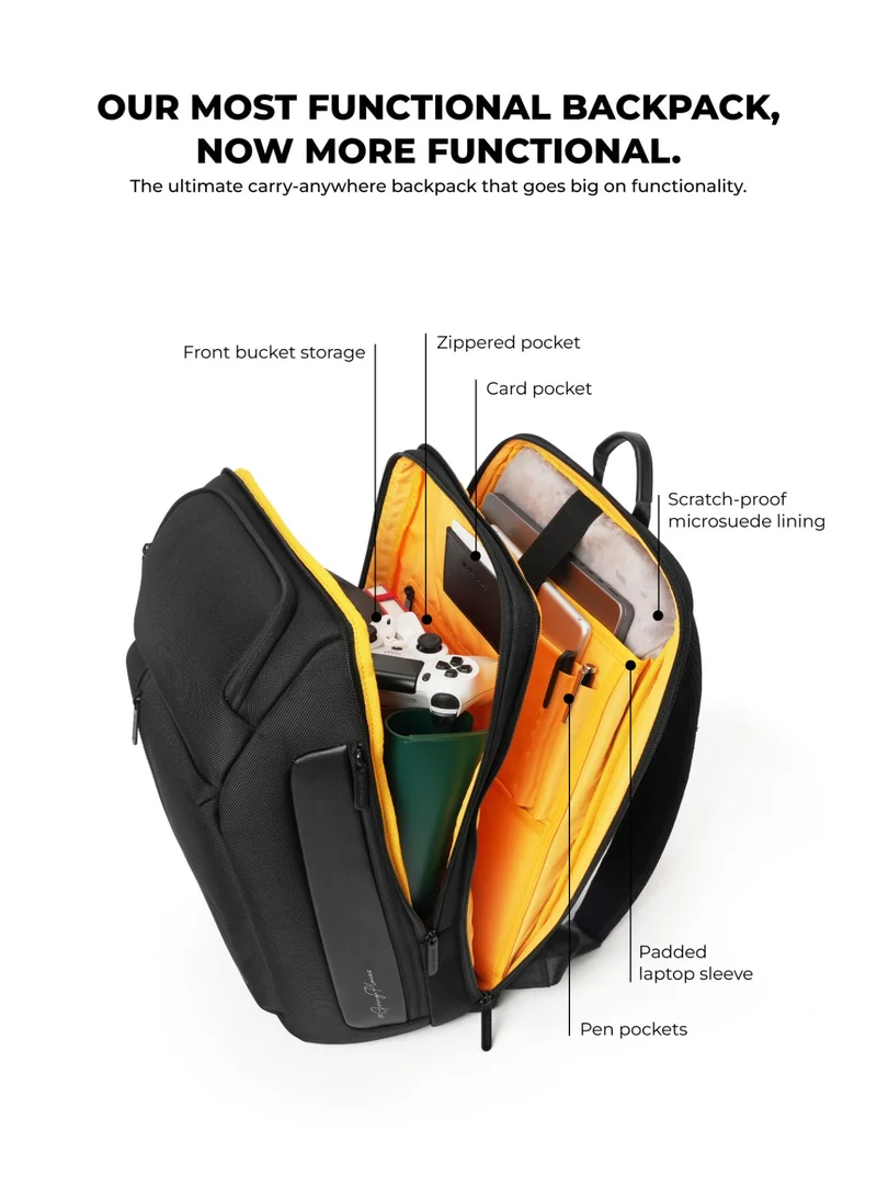 Mokobara The Transit Backpack Pro - Water-Resistant Nylon Vegan Leather | Money Moves, Black