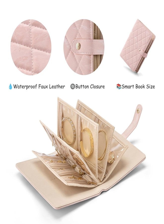 MODINITY منظم مجوهرات سفر مخملي وردي قابل للطي مع جراب شفاف بسحاب، علبة تخزين صغيرة الحجم للخواتم والقلائد والأقراط والأساور، حامل مجوهرات ناعم وواقي للرحلات والإجازات - Image 3