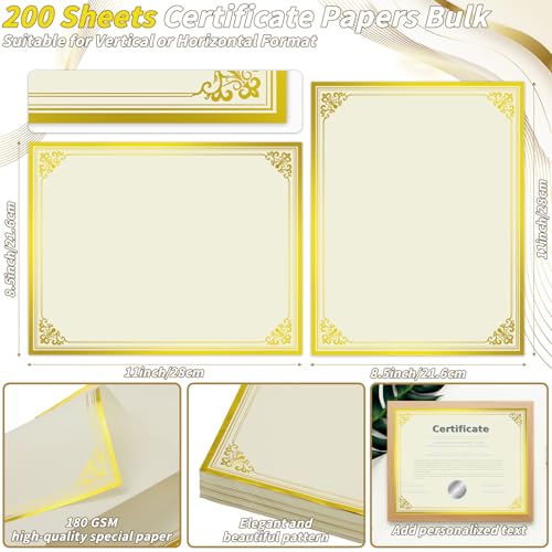 UZLU 200 Sheet Gold Foil Award Certificate Paper Bulk 8.5 x 11 in for Printing Customizable Blank Cardstock Gold Border Certificate Laser and Inkjet Printer Friendly for Graduation Diploma Achievement - Image 2