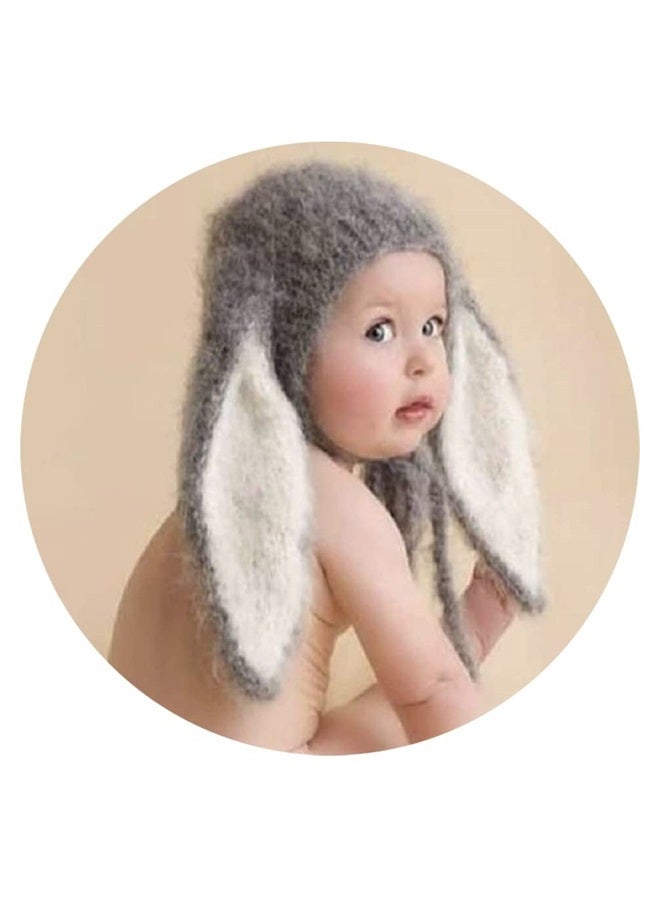 Vedory Newborn Photography Props Hat Monthly Boy Girls Photo Shoot Costume Crochet Clothes Big Ears Bunny Hat Photography Shoot (dark grey) - Image 1