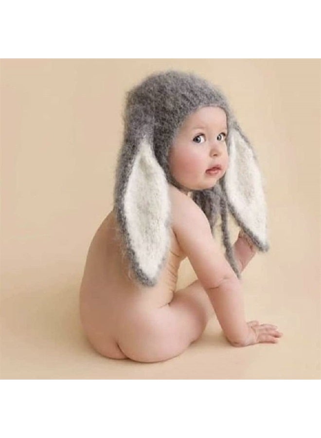 Vedory Newborn Photography Props Hat Monthly Boy Girls Photo Shoot Costume Crochet Clothes Big Ears Bunny Hat Photography Shoot (dark grey) - Image 2
