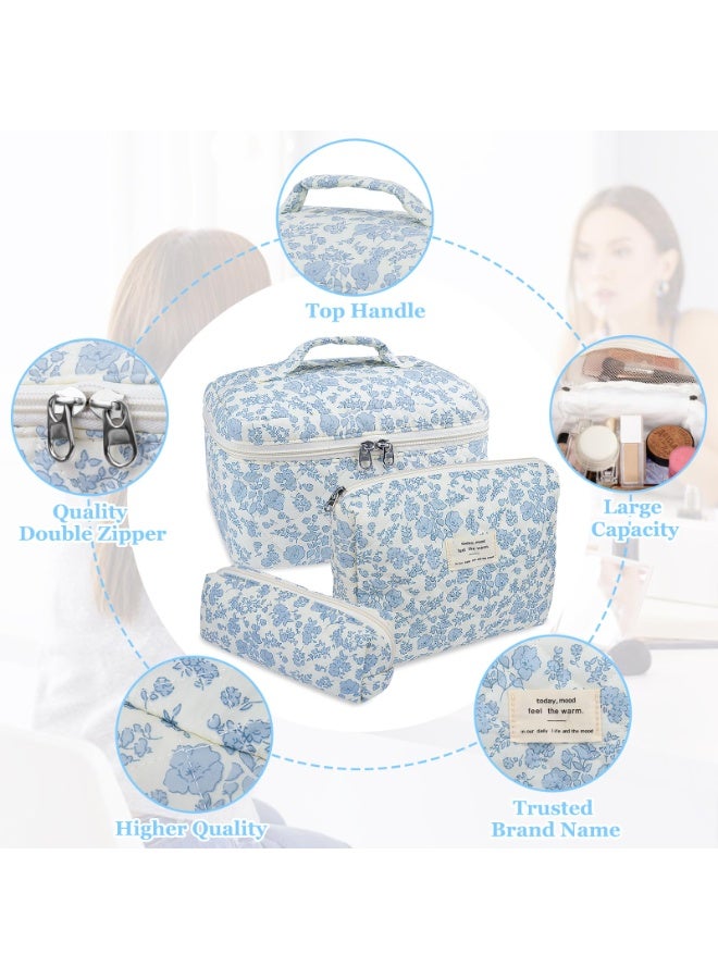 Makeup Bag, Large Quilted Cosmetic Bag, Big Floral Make Up Bag for Women Girls, Cute Cotton Makeup Bag Set, Flower Travel Toiletry Organizer Bag - Image 3