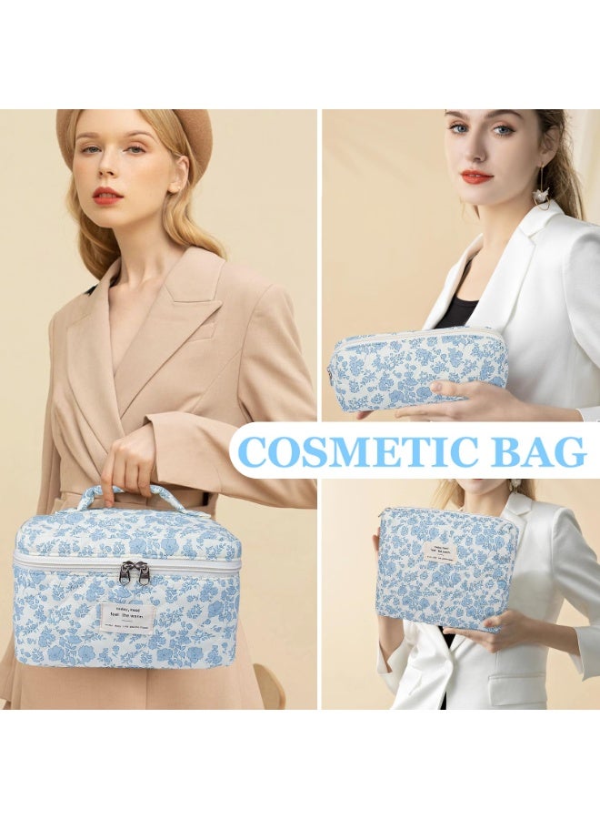 Makeup Bag, Large Quilted Cosmetic Bag, Big Floral Make Up Bag for Women Girls, Cute Cotton Makeup Bag Set, Flower Travel Toiletry Organizer Bag - Image 4