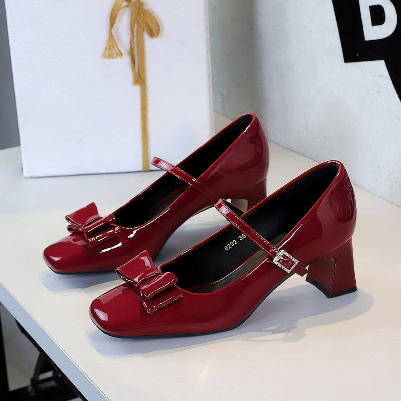 6292-H89 Style Banquet Fashion Bow Patent Leather Thick Heel Flats Medium Heel Buckle Strap Mary Jane Shoes - Image 1