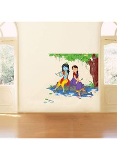 Decals Lord Krishna Playing Flute with Radha on River Bed Wall Sticker PVC Vinyl 80cm x 80cm Multicolour