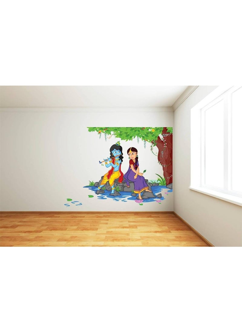 BPA - Decals Lord Krishna Playing Flute with Radha on River Bed Wall Sticker PVC Vinyl 80cm x 80cm Multicolour - Image 1
