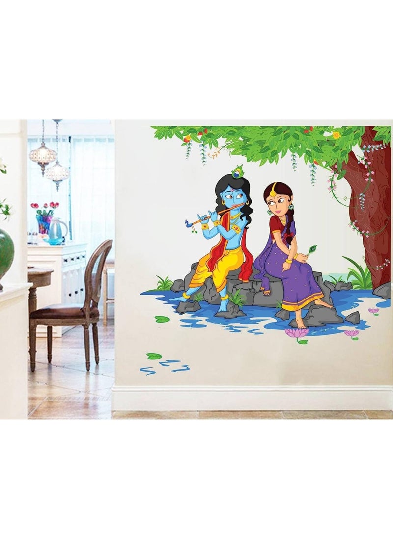 BPA - Decals Lord Krishna Playing Flute with Radha on River Bed Wall Sticker PVC Vinyl 80cm x 80cm Multicolour - Image 1