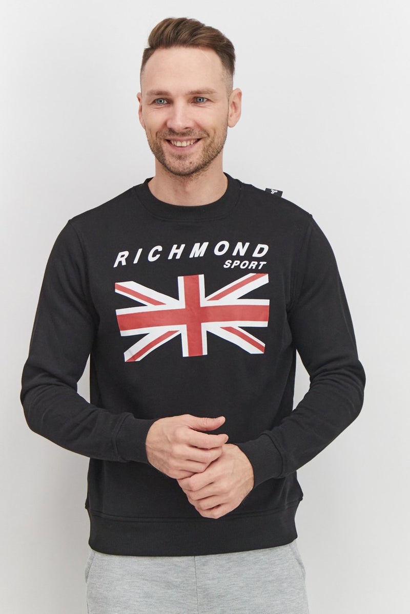 JOHN RICHMOND Men Sport Fit Crew Neck Brand Logo Sweatshirt, Black - Image 1