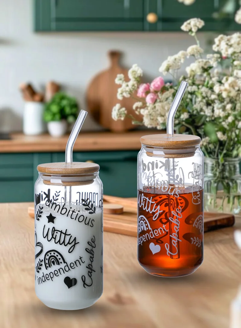 1Chase Positive Quote Sipper Glass Set – 2 Pack 550ML Borosilicate Tumblers with Bamboo Lid & Reusable Straw – Spill-Resistant & Eco-Friendly