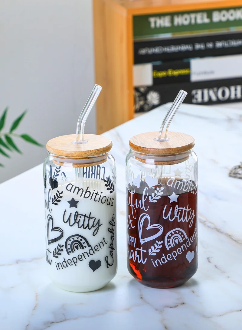 1Chase Positive Quote Sipper Glass Set – 2 Pack 550ML Borosilicate Tumblers with Bamboo Lid & Reusable Straw – Spill-Resistant & Eco-Friendly