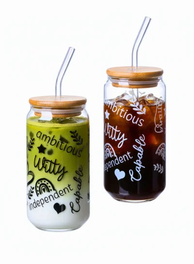 1 تشيس طقم أكواب شرب تحمل اقتباسات إيجابية - عبوة من قطعتين، كل قطعة 550 مل، مصنوعة من زجاج البوروسيليكات، مع غطاء من الخيزران وماصة قابلة لإعادة الاستخدام - مقاومة للانسكاب وصديقة للبيئة