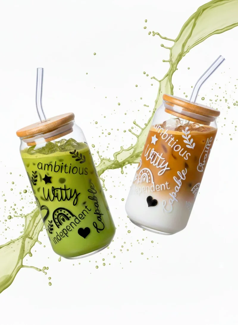 1Chase Positive Quote Sipper Glass Set – 2 Pack 550ML Borosilicate Tumblers with Bamboo Lid & Reusable Straw – Spill-Resistant & Eco-Friendly