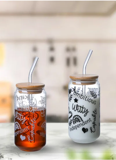 1Chase Borosilicate Positive Quote Printed Drinking Glasses With Bamboo Lid and Glass Straw and Cleaning Brush 350 ML (Set of 2)