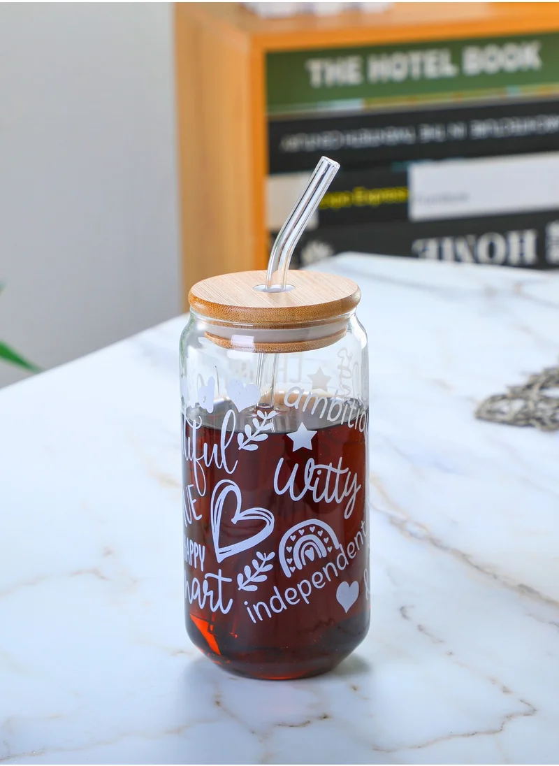 1Chase Borosilicate Positive Quote Printed Drinking Glasses With Bamboo Lid and Glass Straw and Cleaning Brush 350 ML (Set of 2)