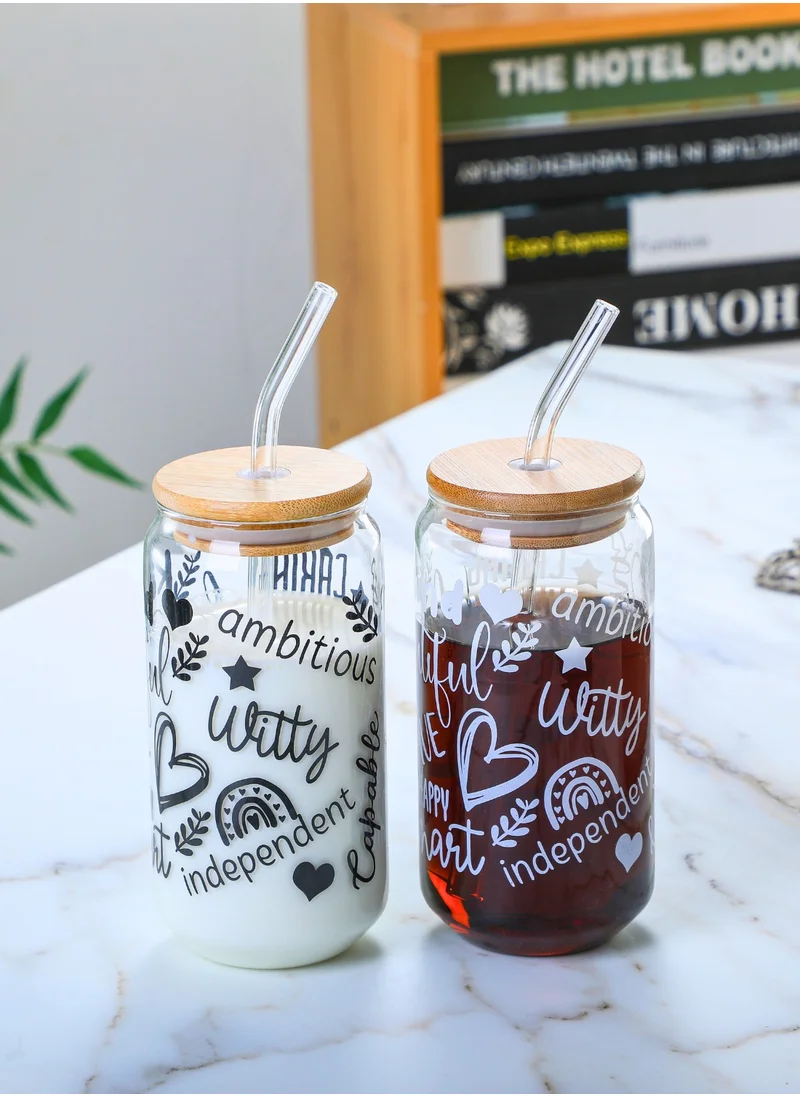 1Chase Borosilicate Positive Quote Printed Drinking Glasses With Bamboo Lid and Glass Straw and Cleaning Brush 350 ML (Set of 2)
