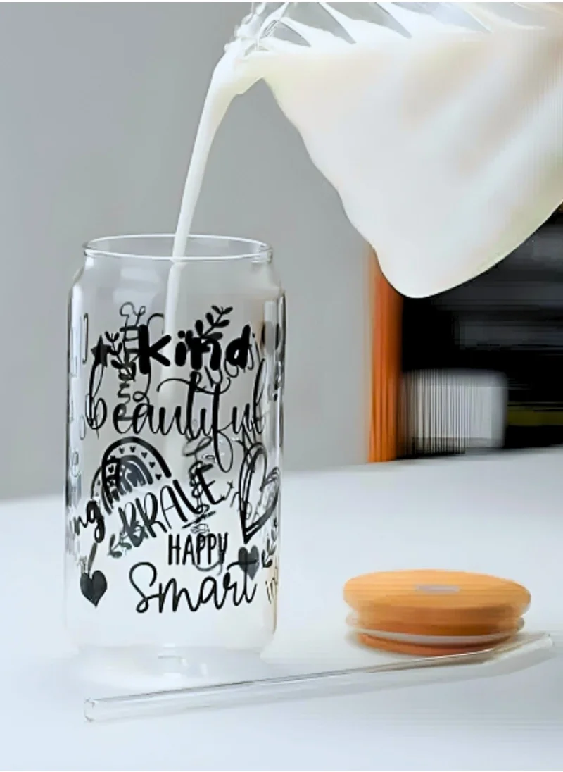 1Chase Borosilicate Positive Quote Printed Drinking Glasses With Bamboo Lid and Glass Straw and Cleaning Brush 350 ML (Set of 2)