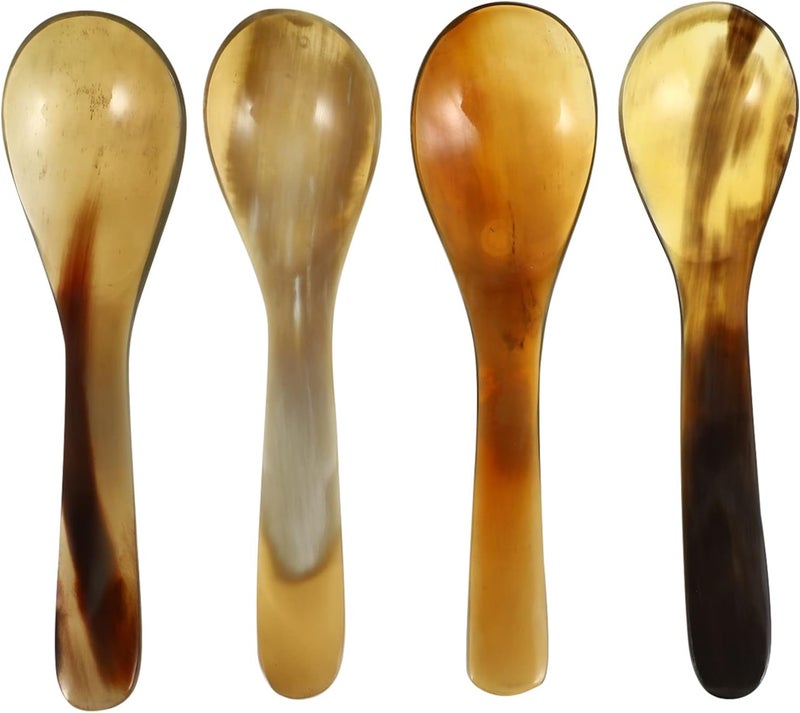 comfrt 4pcs Buffalo Horn Spoons Large Ladle Spoons Dinner Ware Serving Spoon Cocktail Stirring Spoon Kitchen Silverware Naturally Handcrafted Soup Spoons - Image 1