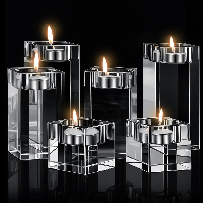 Perthlin 6 Pcs Crystal Tea Light Candle Holders Glass Votive Candle Stands Square Candlestick Holders for Wedding Dining Living Room Centerpiece Decorations 157 315 394
