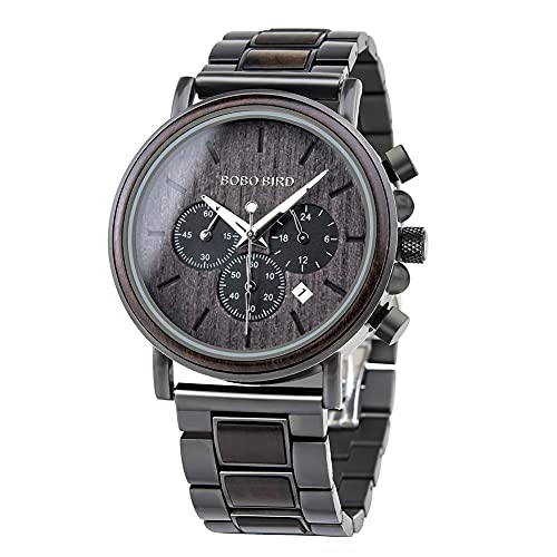 BOBO BIRD Mens Wooden Watches Business Casual Wristwatches Stylish Ebony Wood & Stainless Steel Combined Chronograph - Image 1