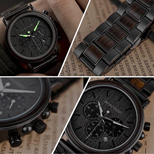 BOBO BIRD Mens Wooden Watches Business Casual Wristwatches Stylish Ebony Wood & Stainless Steel Combined Chronograph - Image 3