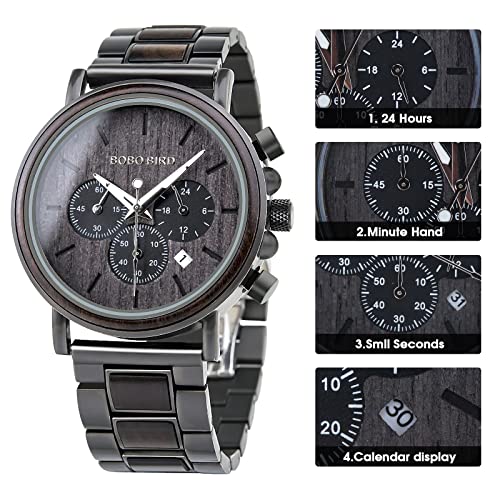 BOBO BIRD Mens Wooden Watches Business Casual Wristwatches Stylish Ebony Wood & Stainless Steel Combined Chronograph - Image 2