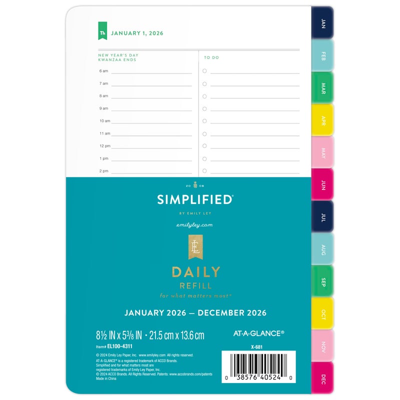 AT-A-GLANCE 2026 Planner Refill, Simplified by Emily Ley, Daily, 5.5" x 8.5", Desk Size, One Page Per Day Refill (EL100-4311-26) - Image 1