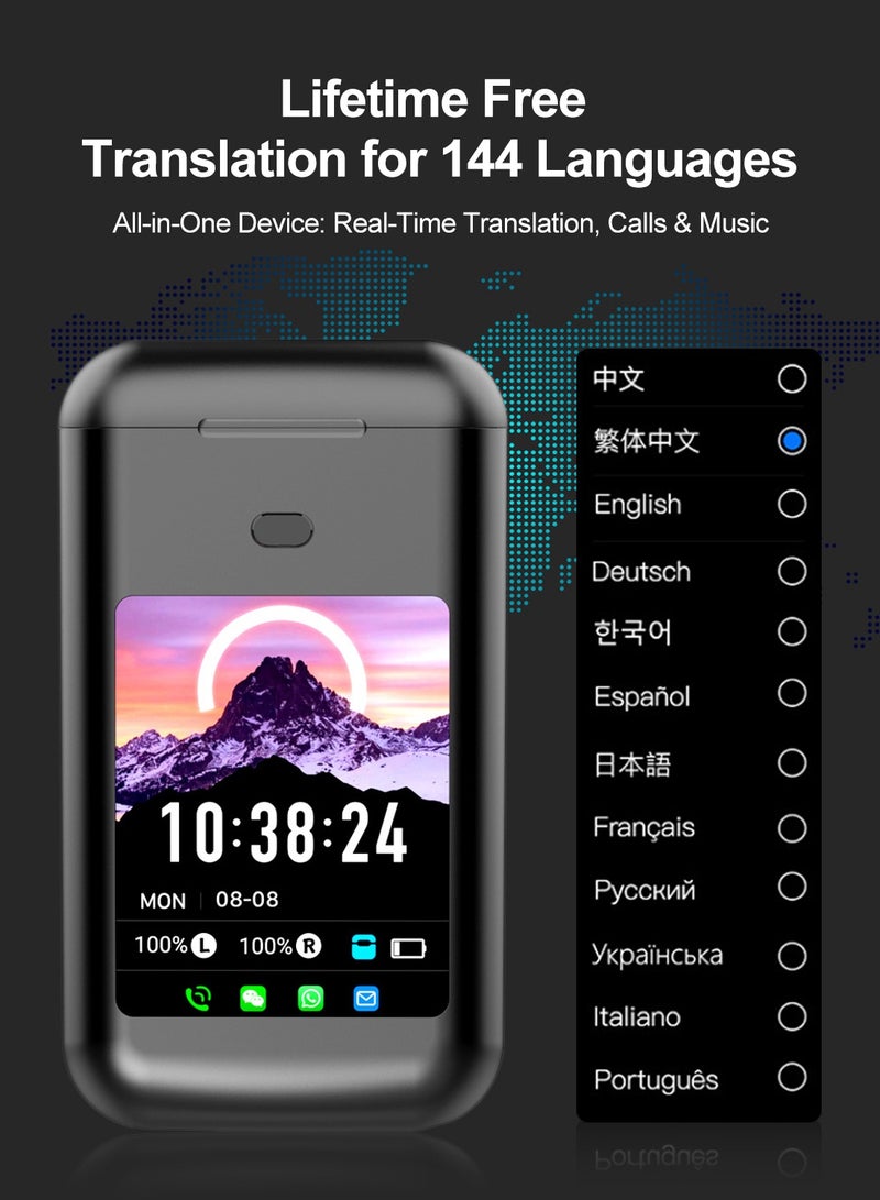 LUCKIER AI-powered real-time translation earbuds, Bluetooth-enabled for mobile connectivity, supporting 144 languages with permanently free translation services. This four-in-one translation device features a full-colour smart touchscreen, compatible with both iPhone and Android devices. Equipped with multiple translation modes, it is specifically designed for travel, business and academic purposes. Available in black. - Image 4