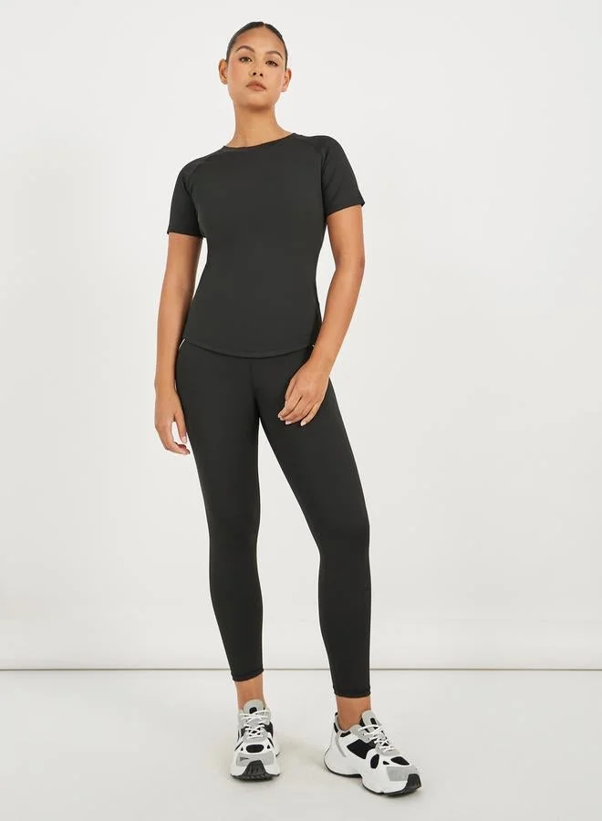 Styli Active Stitch Detail Mesh Insert Back Short Sleeve Top