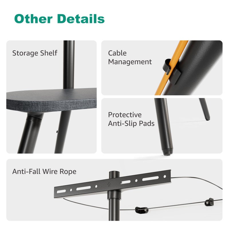 ECOTINY Tripod Easel TV Stand for 43 to 65 Inch LCD Led Screen, Height Adjustable and Swievel TV Stand, Portable TV Floor Stand with Wooden Tray for Bedroom, Living Room, Studio, Metal Black - Image 5