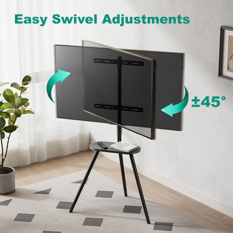 ECOTINY Tripod Easel TV Stand for 43 to 65 Inch LCD Led Screen, Height Adjustable and Swievel TV Stand, Portable TV Floor Stand with Wooden Tray for Bedroom, Living Room, Studio, Metal Black - Image 4