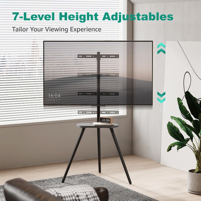 ECOTINY Tripod Easel TV Stand for 43 to 65 Inch LCD Led Screen, Height Adjustable and Swievel TV Stand, Portable TV Floor Stand with Wooden Tray for Bedroom, Living Room, Studio, Metal Black - Image 3