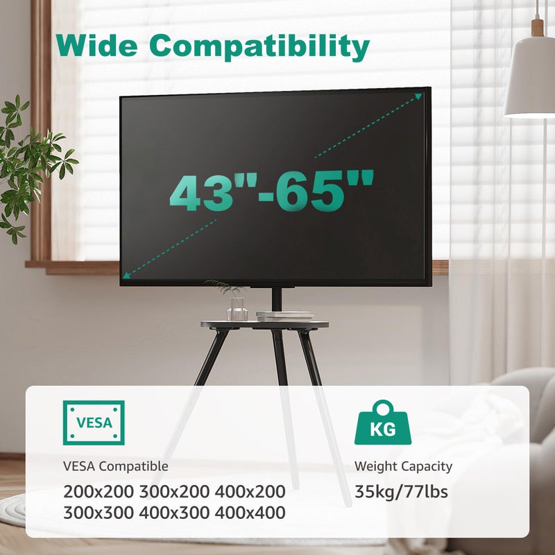 ECOTINY Tripod Easel TV Stand for 43 to 65 Inch LCD Led Screen, Height Adjustable and Swievel TV Stand, Portable TV Floor Stand with Wooden Tray for Bedroom, Living Room, Studio, Metal Black - Image 2