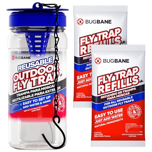 BugBane Fly Traps Outdoor Fly Trap for Patio with 2 Non-Toxic Dissolvable Bait Refills. Reusable Hanging Bug Catcher Killer for All Filth Flies for Outside Bug Control Yard Ranch. Hanging Chains Included - Image 1